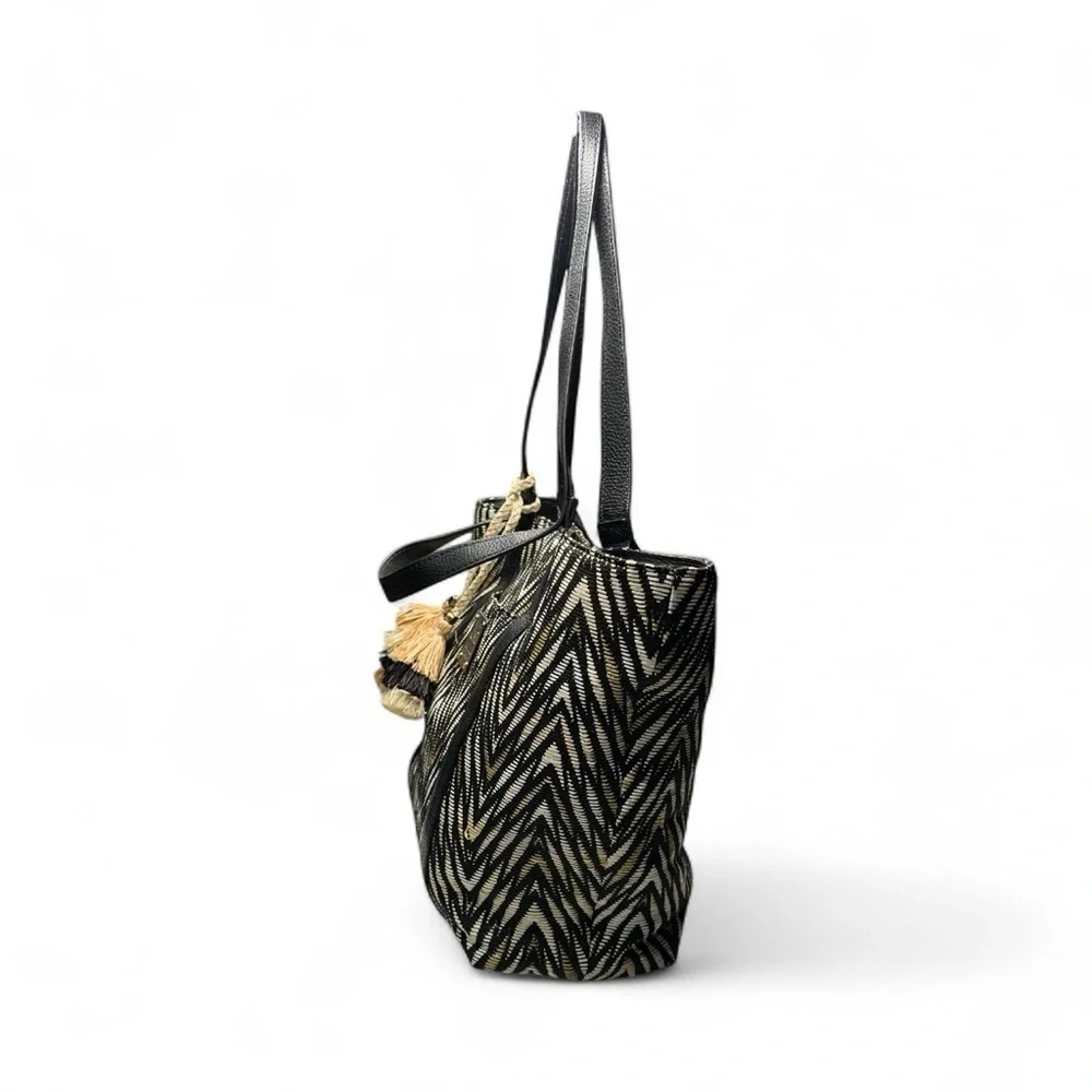 Henri Bendel Black and Tan Chevron Shoulder Tote Bag